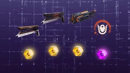 Prime Gaming Loot showing the four offerings against a blue grid backdrop, three exotic engrams, and one prime engram